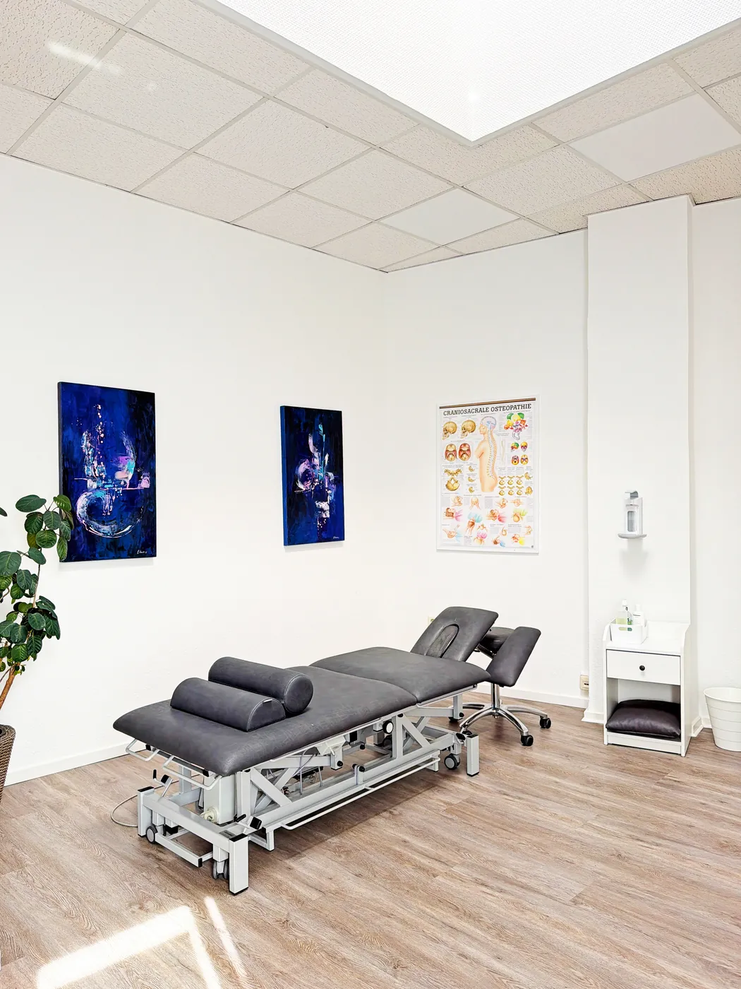 Behandlungsraum mit Therapieliege und Lehrtafel zur craniosacralen Osteopathie