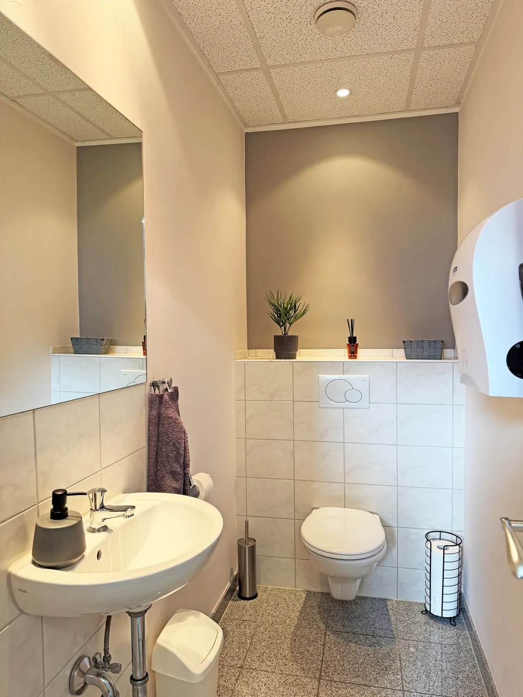 Gepflegtes Patienten-WC mit Waschbecken, Spiegel und Seifenspender